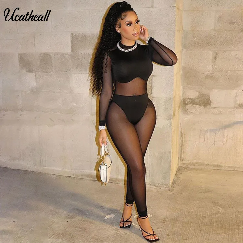 

Solid Color Mesh Splicing Hollow Out Back Zipper Long Sleeve Bodycon Jumpsuit Summer Club Outfits For Women