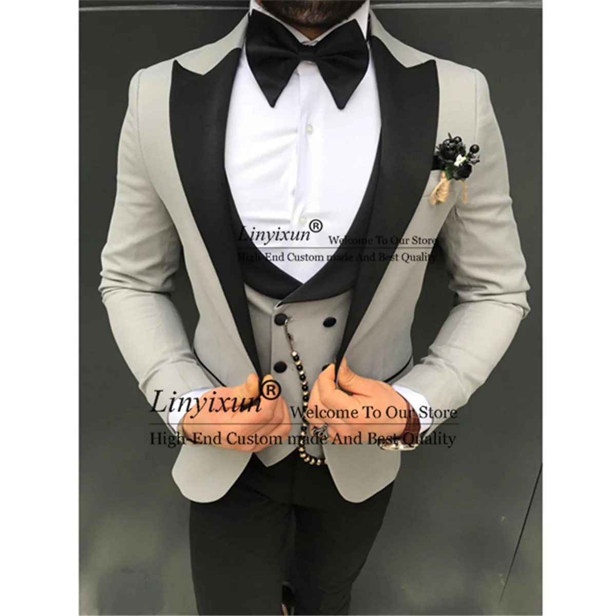 

Classic Grey Wedding Men Suits 3 Piece Set Black Peak Lapel Groom Prom Party Terno Masculino Slim Fit Blazer Jacket&Pant&Vest