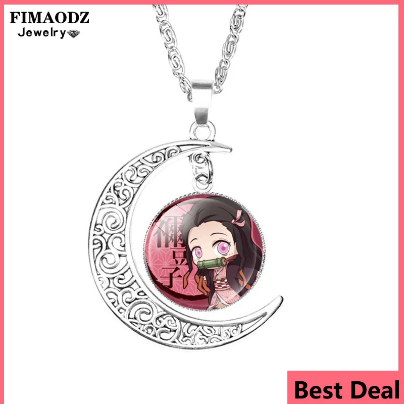 FIMAODZ Anime My Hero Academia Necklace Demon Slayer Midoriya Izuku Todoroki Figure Glass Gem Moon Pendant Chain Jewelry Gift
