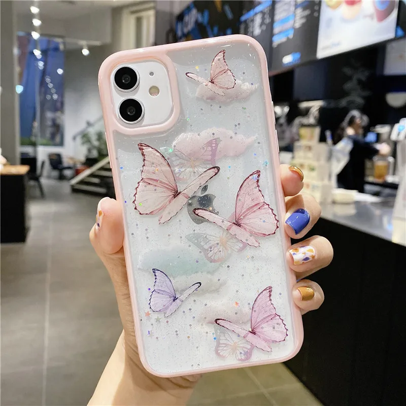 cartoon clear glitter butterfly soft shockproof phone case for iphone 12 13 11 pro max xs max xr x 6s 7 8 plus se cute shell free global shipping
