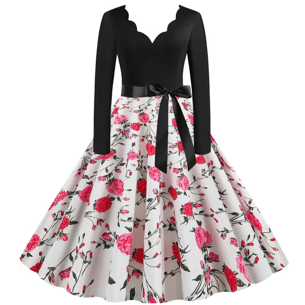 Женское вечернее платье с цветочным принтом длинным рукавом|Женские платья| |