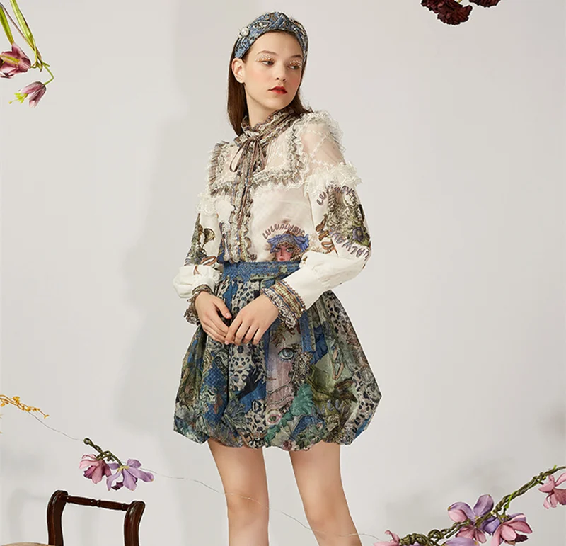 High Quality 2 piece set women 2021 VIntage Royal Long Sleeve Ruffles Lace Blouse Shirt and Leopard Print Skirt Suit Set Outfit