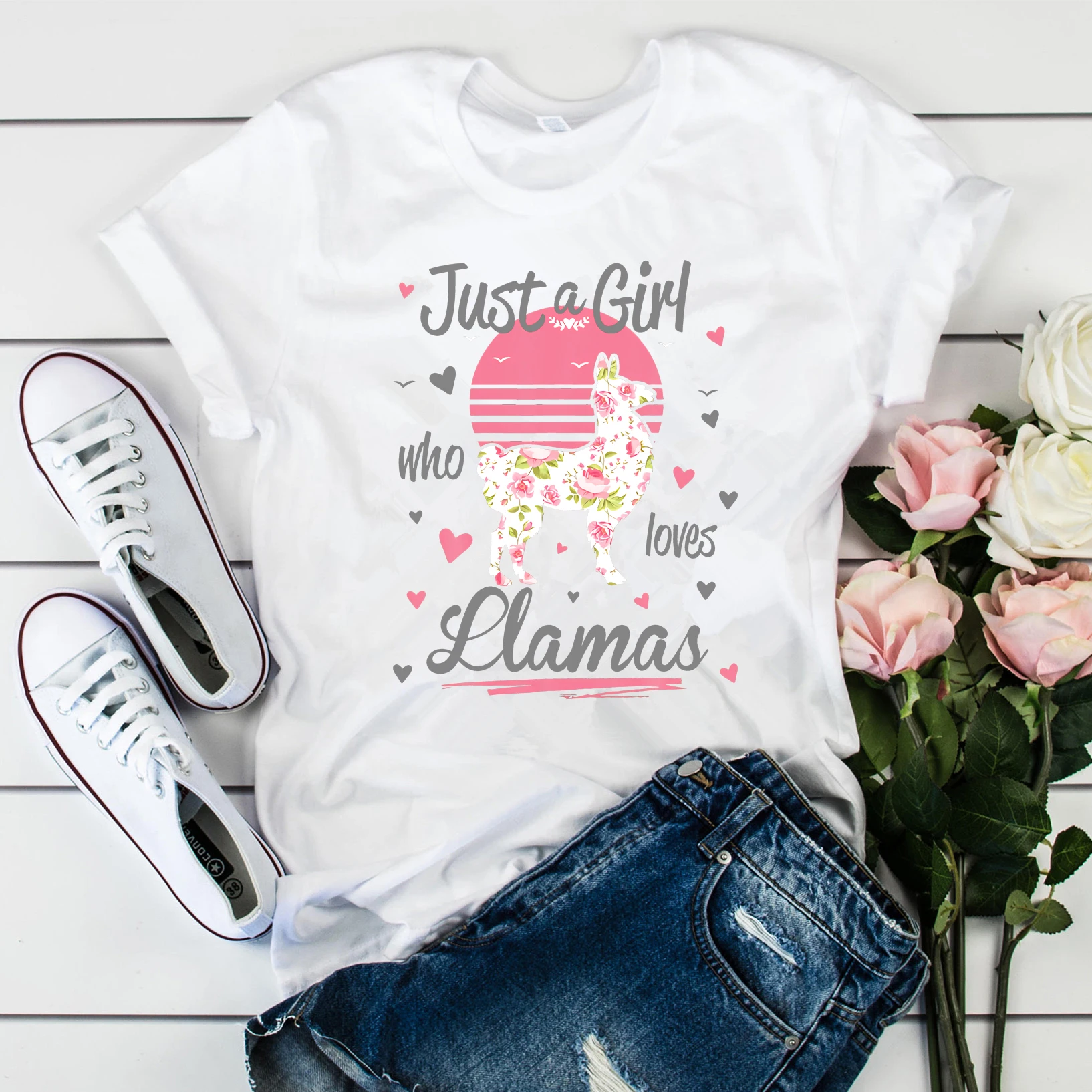 

Floral Flower Shirts Llama Lover Spirit Animal Tees Just A Girl Who Loves Llamas T-Shirt Cute Llama Shirt