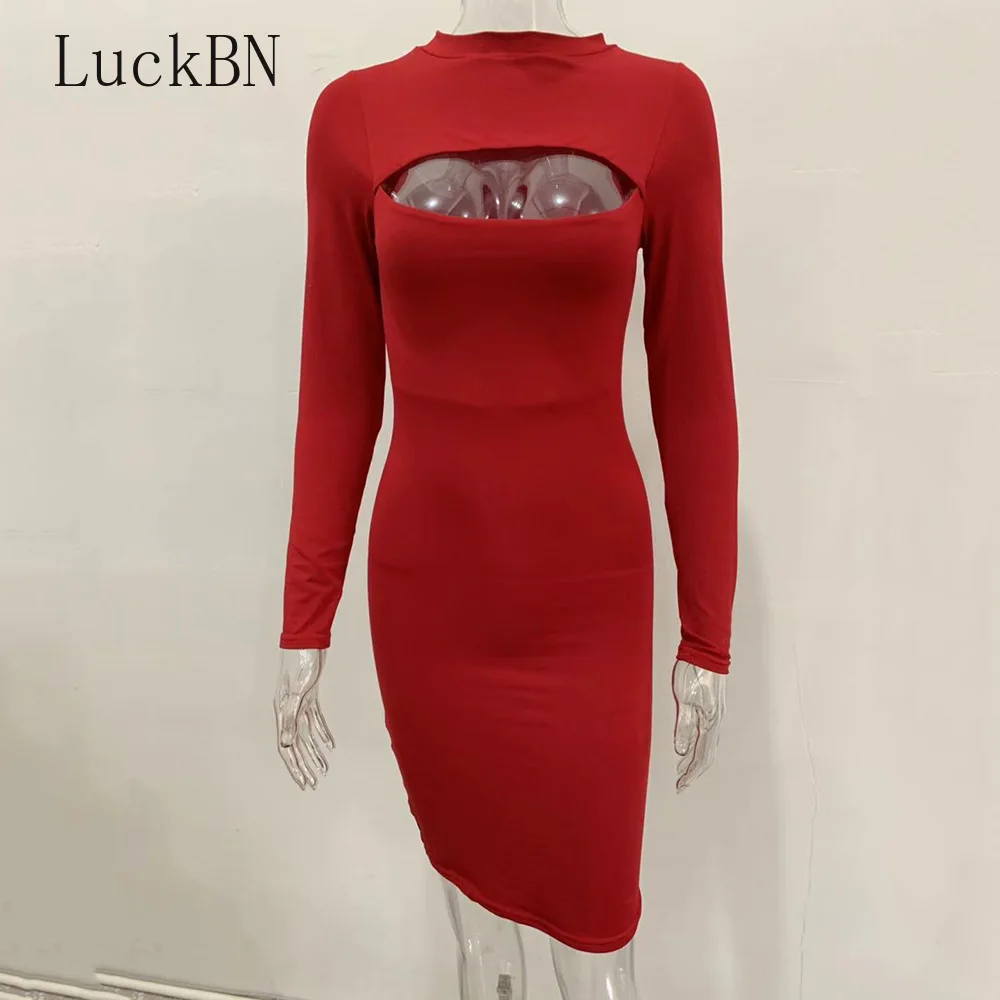 

Spring Dress Chest Hollow Out Bodycon Mini Dress for Women Long Sleeve Thin Fleece Casual Office Party Dress Vestidos 2021 New