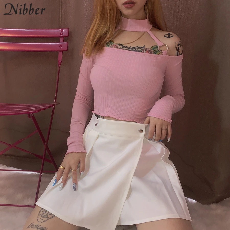 Nibber Harajuku милые розовые Топы без бретелек женские футболки Горячая осень зима элегантная гофрированная Повседневная Приталенная футболка mujer