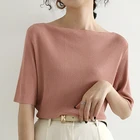 Женская трикотажная футболка с вырезом-лодочкой, 6 цветов, однотонная, летняя, T1608, 2021