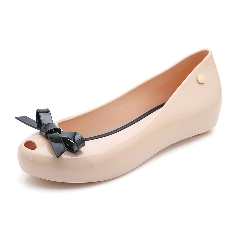 

2019 summer new jelly sandals bow shallow mouth rubber waterproof beach shoes fish mouth flat heel jelly single shoes