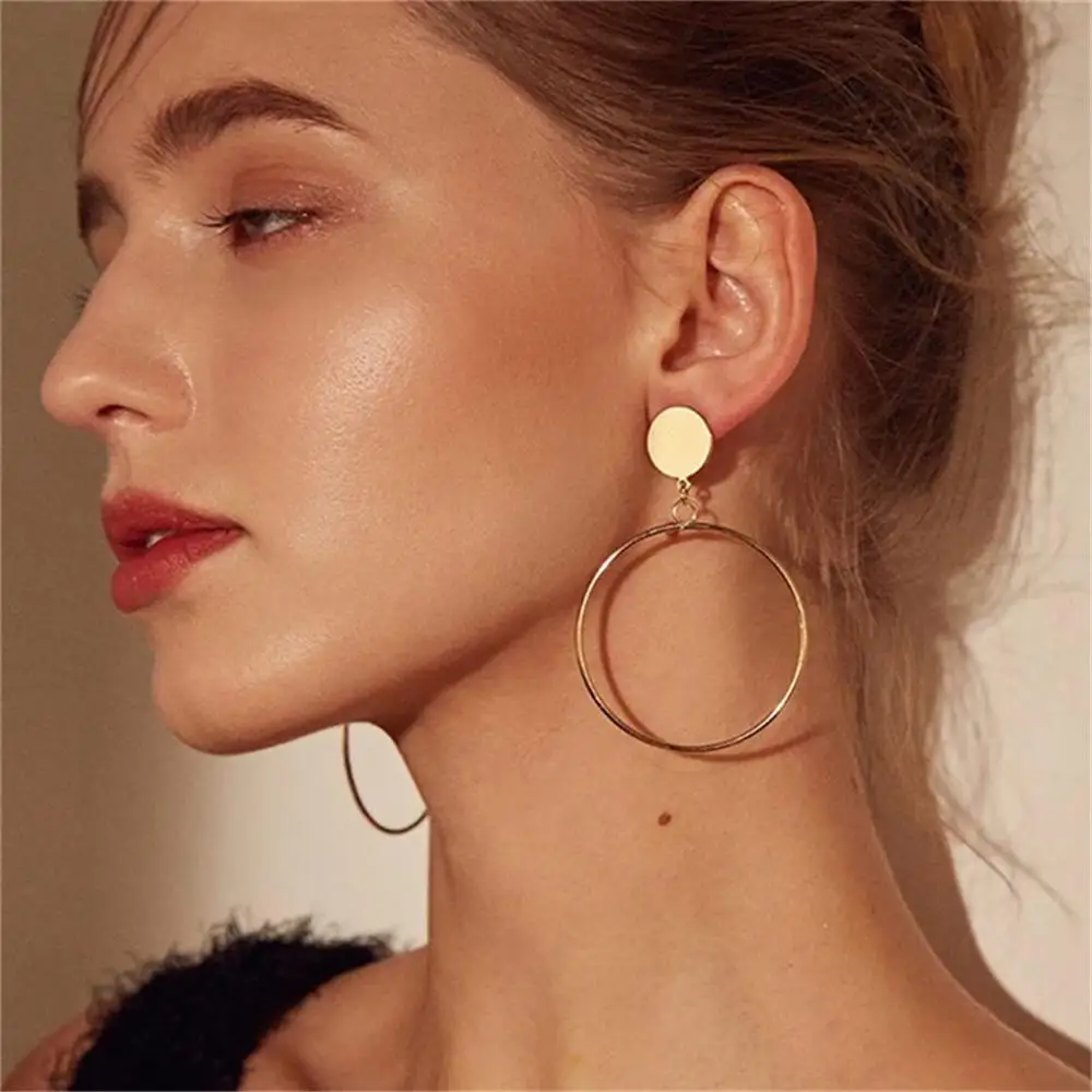 

Korean Fashion Round Earring For Women Female Gold Color Stainless Steel Circle Charm Pendent Stud Earrings 2020