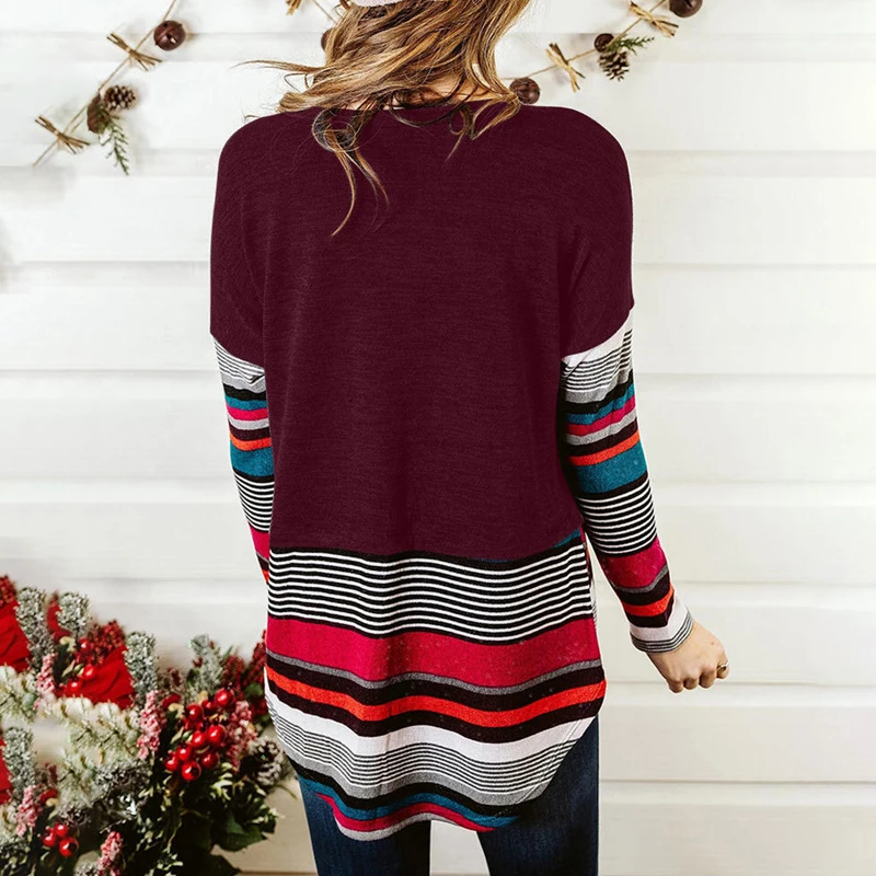 

Tops Woman Tshirts Women'S Casual Long Sleeve Stripe Print Color Matching T-Shirt Ladies Round Neck Top Streetwear Size S-2Xl