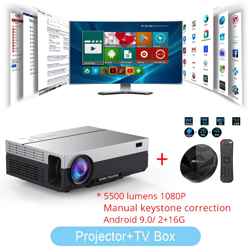 Touyinger T26L нативный 1080p светодиодный full HD проектор видео проектор 5500 люмен FHD Домашний кинотеатр HDMI(Android 9,0 wifi AC3 опционально - Цвет: T26L TV Box