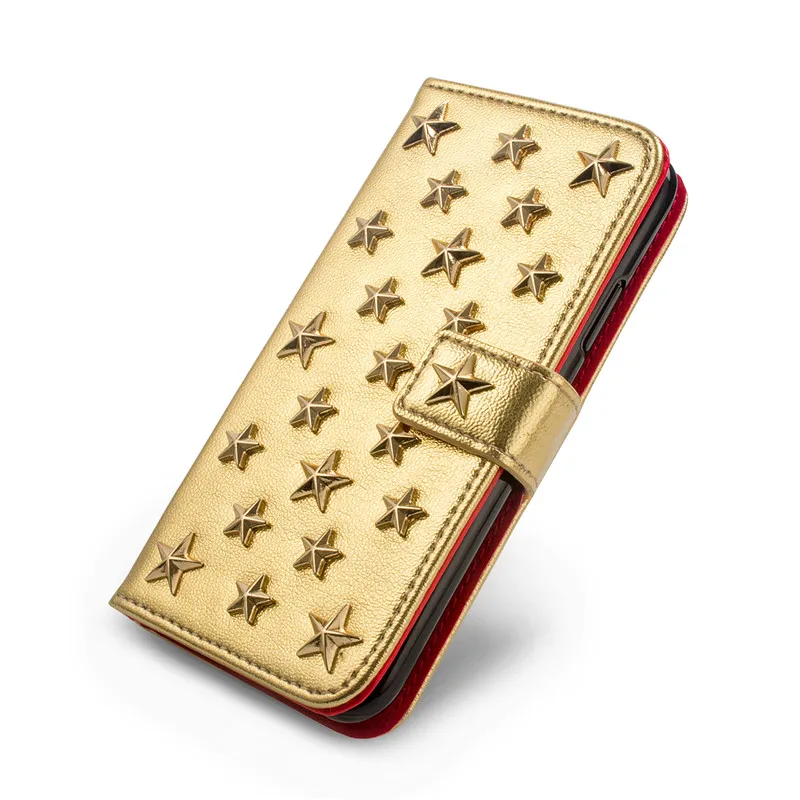 Gold Роскошный кожаный чехол ручной работы для Iphone Xs 11 Pro MAX XR X 8 7 Plus Diy со звездами и заклепками Чехол-книжка Hoesje - Цвет: Gold