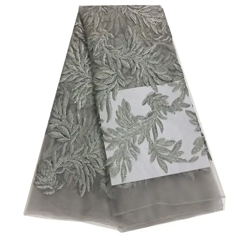 5 ярдов африканская кружевная ткань Великолепная блестками лист Тюлевая