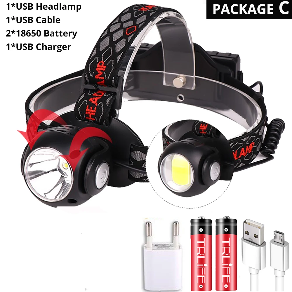 Package C USB головная лампа COB+ T6 светодиодный фонарь 7 Режимы налобного фонаря фонарь Многофункциональный вращающийся красный белый водонепроницаемый фонарик 2*18650 - Испускаемый цвет: Package C
