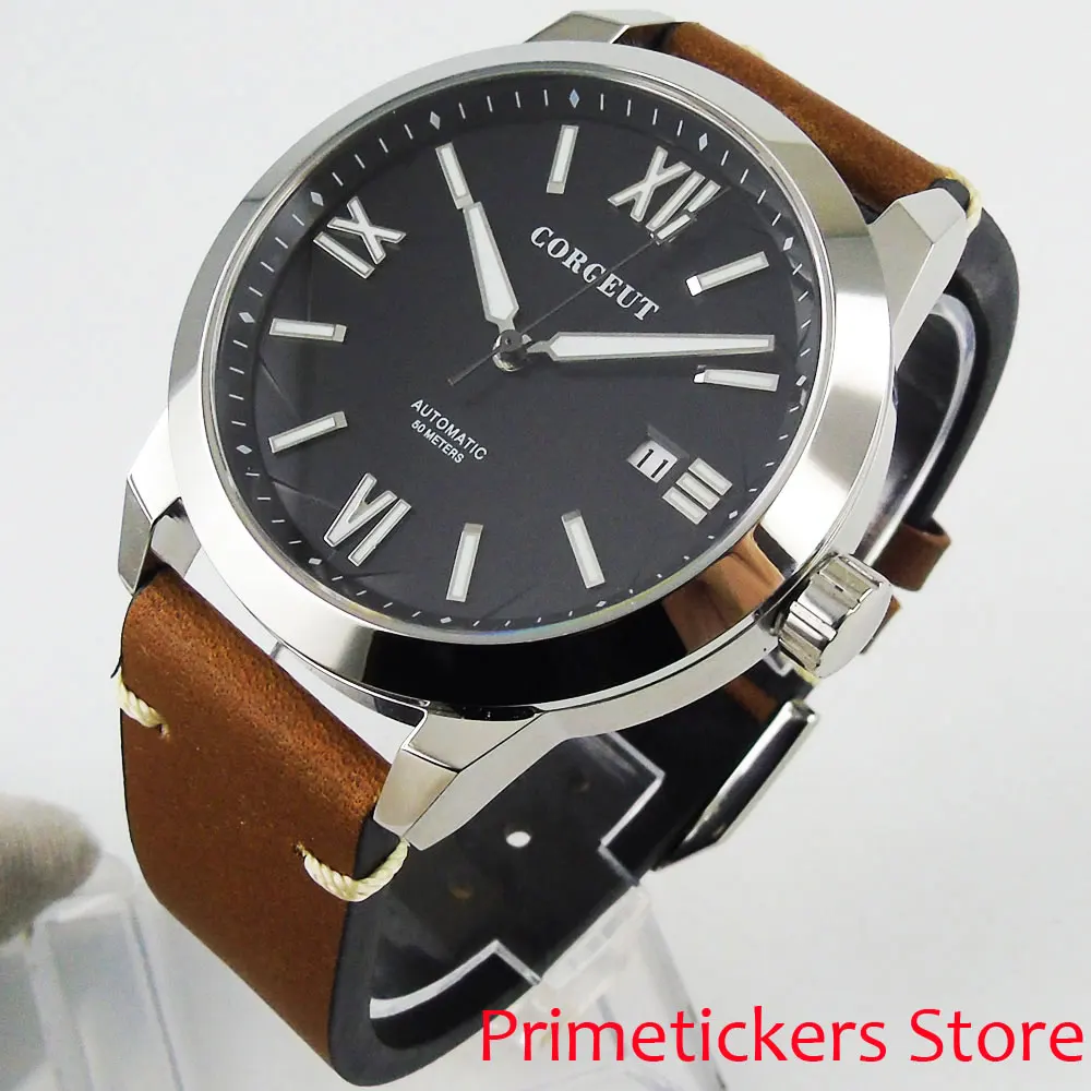 

41mm sapphire glass date roman numerals automatic mens watch luminous black dial