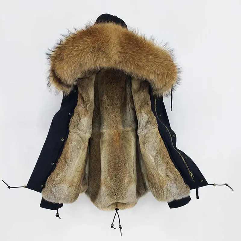 black short Мужской зимний жакет Длинная парка натуральный мех Пальто Подклад мех кролика рекс Воротник мех енота Топ бренд Теплый - Цвет: black short
