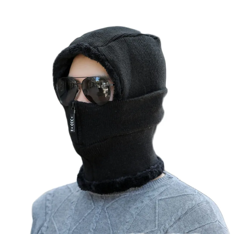 

Повседневная зимняя кашемировая вязаная шапка с капюшоном и воротником с капюшоном на молнии, эластичная шапка для мужчин и женщин, теплая ...