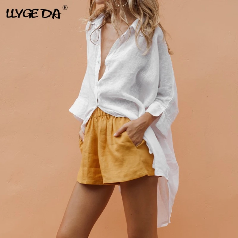 

Solid Cotton Linen Blouses Women Shirt Half Sleeve Women's Shirts 2021 Summer Casual Fashion Woman Blouses Short Front Long Back