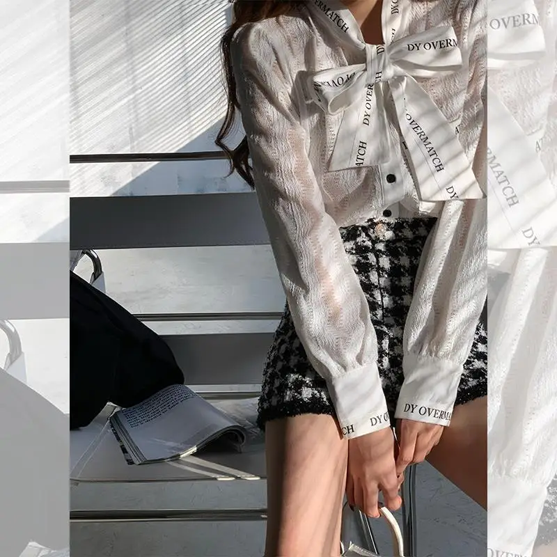 

Elegant Lace Shirt Letters Bow Tie Long Sleeve Korean 2021 Spring Autumn New Blusas Mujer De Moda Women Blouses