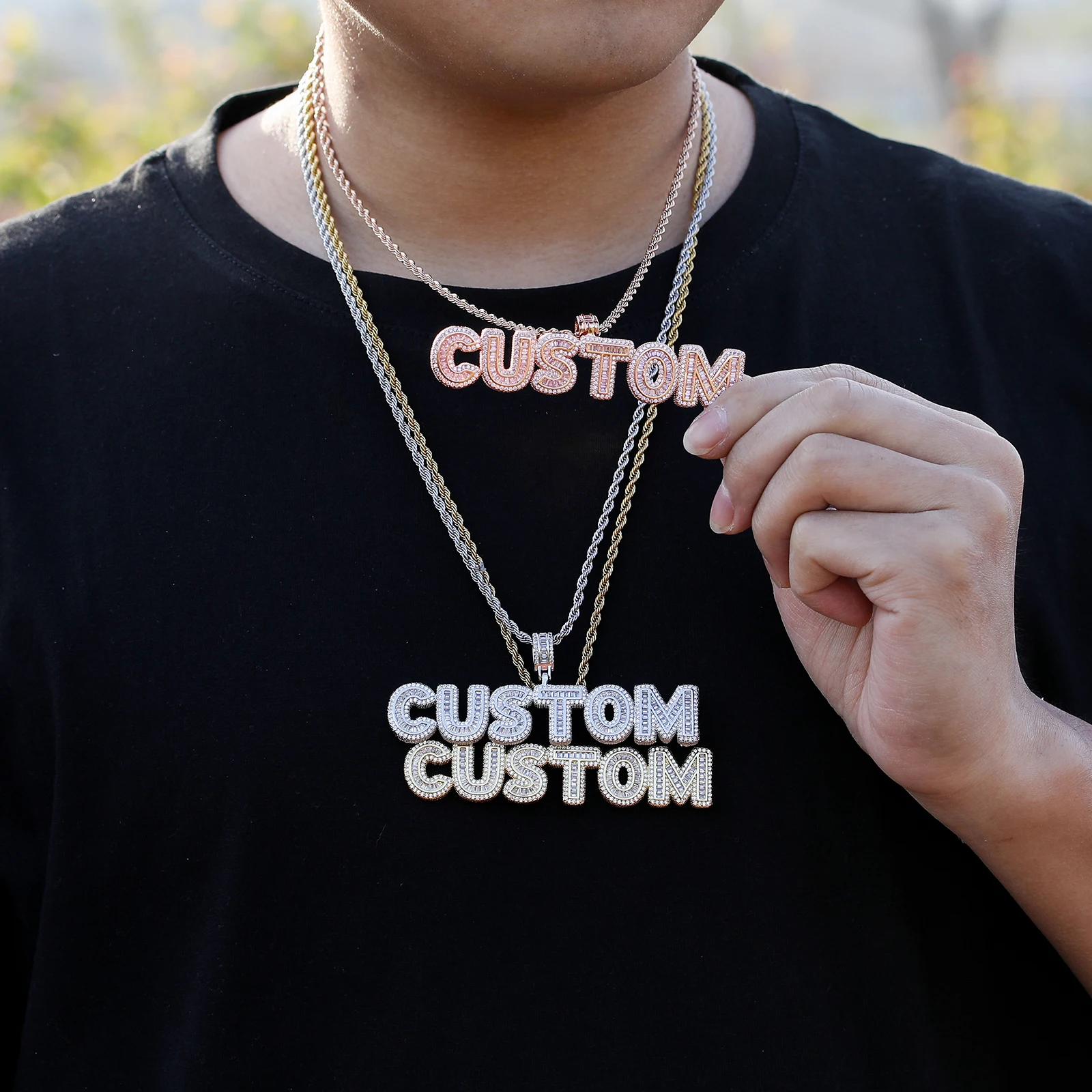 

Hip Hop Custom Baguette Iced Out Cubic Zircon Name Letters Pendants Necklace Customized Personized Men Rope Chain Jewelry