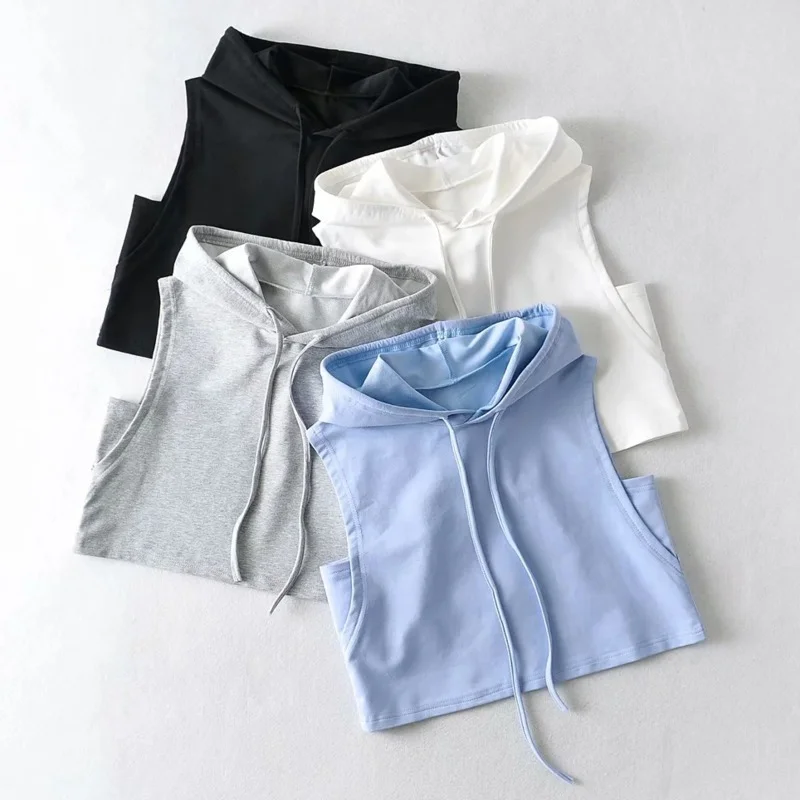 

Casual Loose Sports Clothes Hooded Drawstring Fitness T-shirts Solid Vest Sleeveless Hip-hop Dance Running Short Womens Clothing