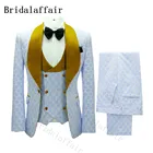 Свадебный костюм Bridalaffair, мужской костюм в синий горошек с вышивкой, Блейзер, двубортный жилет и штаны, комплект из 3 предметов