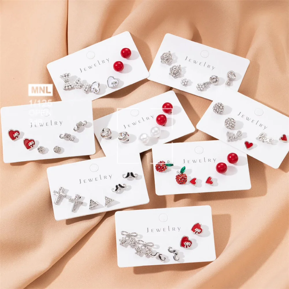 

3 Pairs One Week Earring Set Fashion Simple Crystal Heart Stud Earrings For Women Mini Ear Red Jewelry Valentine's Day Gift