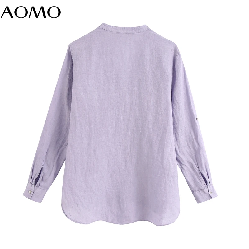 

AOMO 2020 autumn women puple cotton linen shirts long sleeve v-neck elegant office ladies work wear blouses BE744A