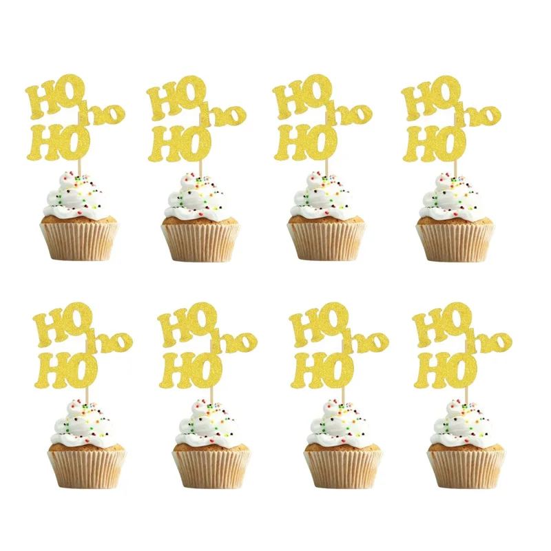 

10pcs Cake Decoration Merry Christmas Cake Toppers Red Gold Hohoho Joy Giltter Cake Toppers for Christmas Happy New Year Party