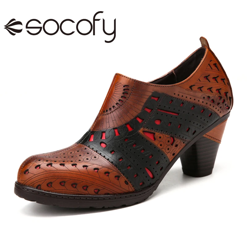 

SOCOFY/женские туфли-лодочки в ретро-стиле с вырезами; Удобные ботильоны из воловьей кожи на массивном каблуке с боковой молнией