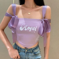 2021 new slim light purple short printed top sexy strap butterfly end waist sling shirt tight top short top