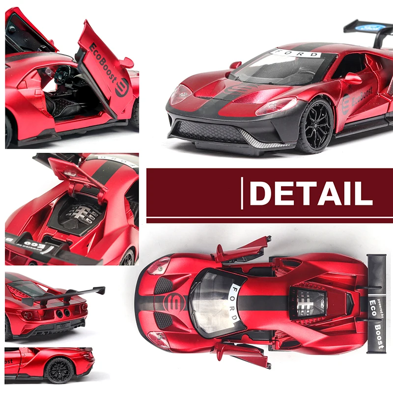 1:32 ford GT Супер спортивный автомобиль из цинкового сплава, высокая модель, модель автомобиля с откидной спинкой, 3 открытые двери, звуковой светильник, игрушки для детей