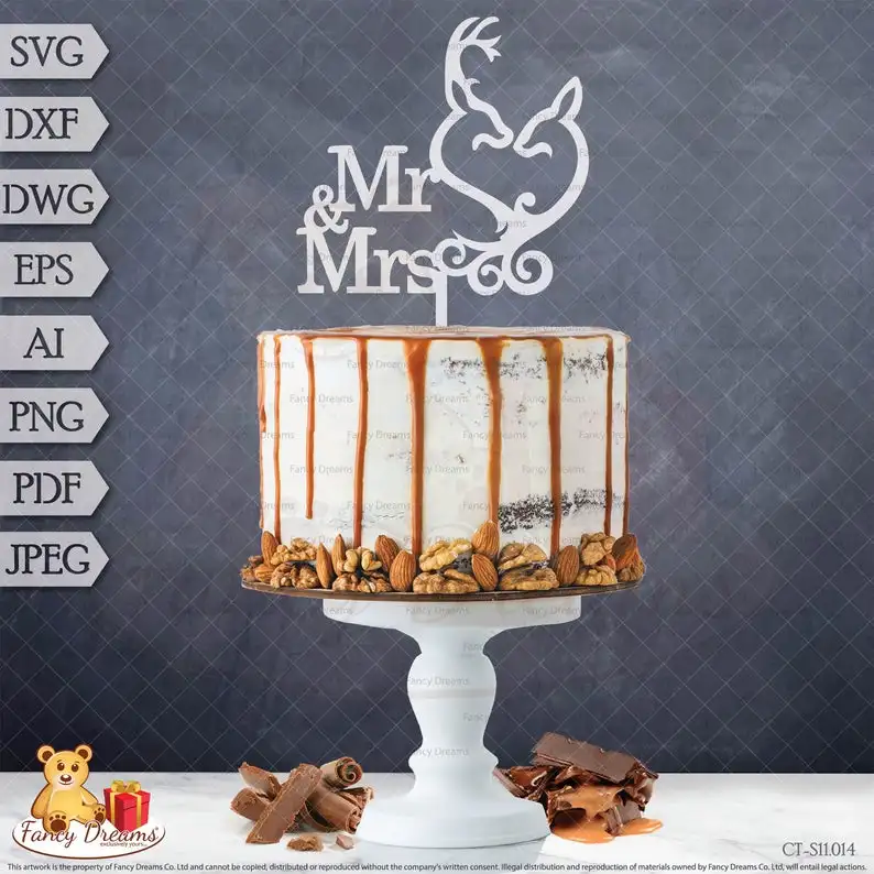Свадебный шаблон Mr & Mrs + олень-Лазерная резка торт Topper-СВ-СГ DXF DWG Eps ai png pdf