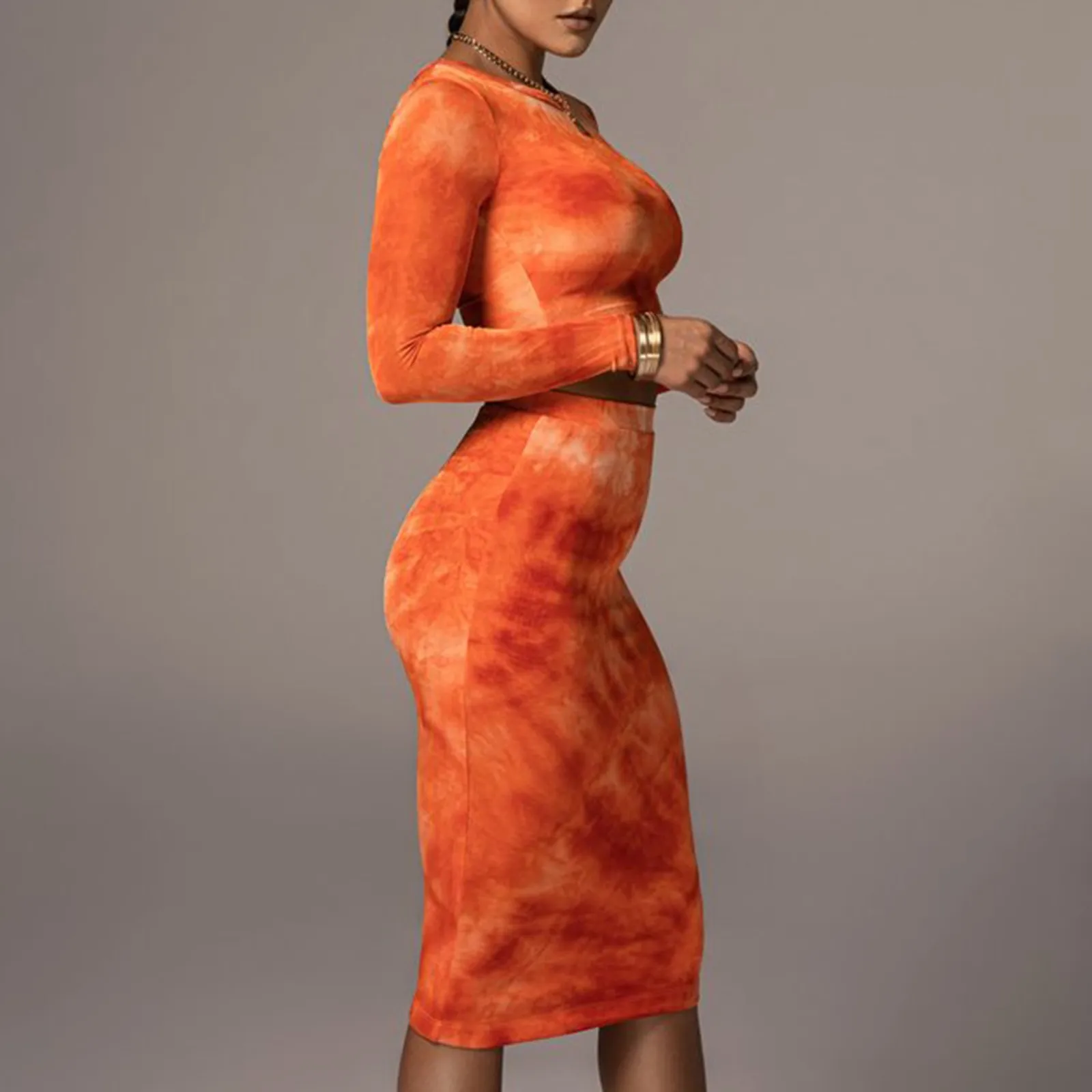 

2020 Women Best-selling New Tie-dye Pullover Long Sleeve + Skirt Slim O-neck Suit To Work Dresses Outfits Sexy Solid Color Suit