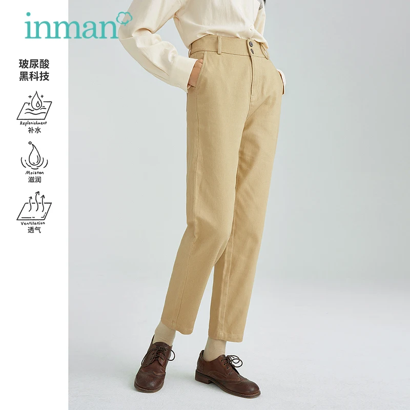 INMAN Women's Casual Pants Spring Autumn Minimalist  Pure Cotton Khaki All-match Cropped  Trousers