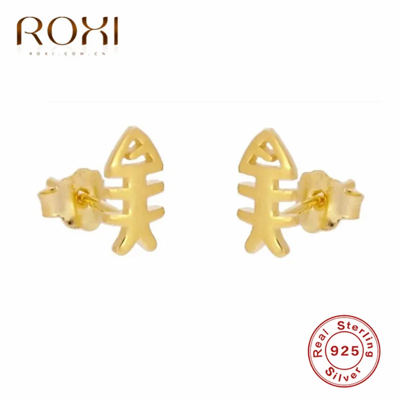 ROXI 925 пробы серебряные серьги-гвоздики для женщин крошечные точки стрелка кактус маленькие серьги в форме листа, в стиле бохо серьги корейские серьги в стиле пирсинга - Окраска металла: Fish Bone