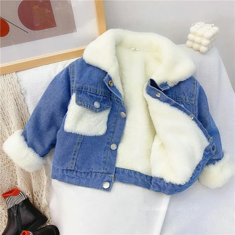 

1-6 Years OId Thick Warm Kids Boys Girls Denim Coat Velvet Fur Jackets Outerwear 2021 Autumn Winter Children Overcoat Outerwear