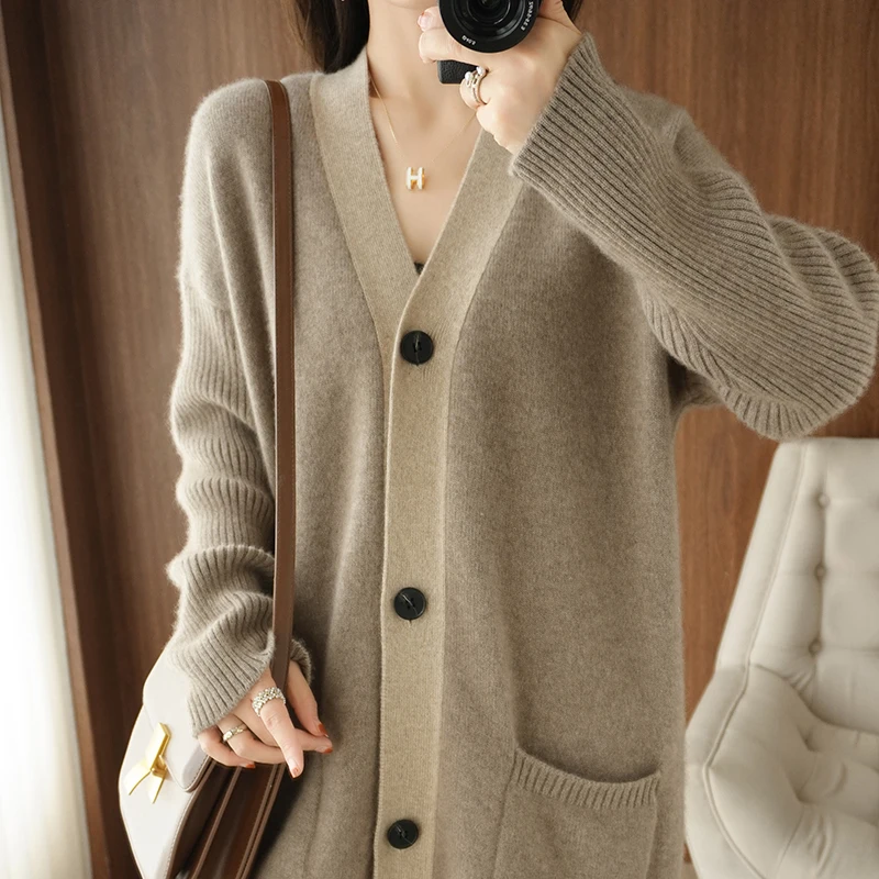 2021 autumn winter new100% Cashmere Wool Cardigan women's mid-length knitted cardigan jacket casual fashion loose Sweater coat