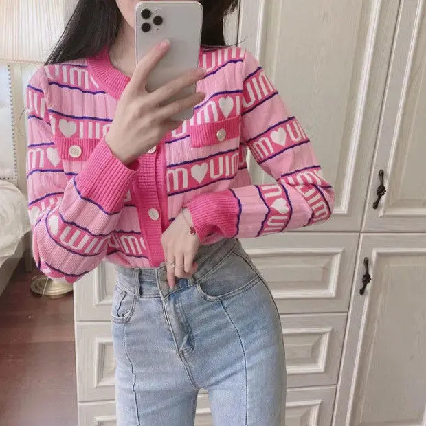 

Boutique Women's Love Sweater 2021 Spring New Peach Pink Knitted Cardigan Top