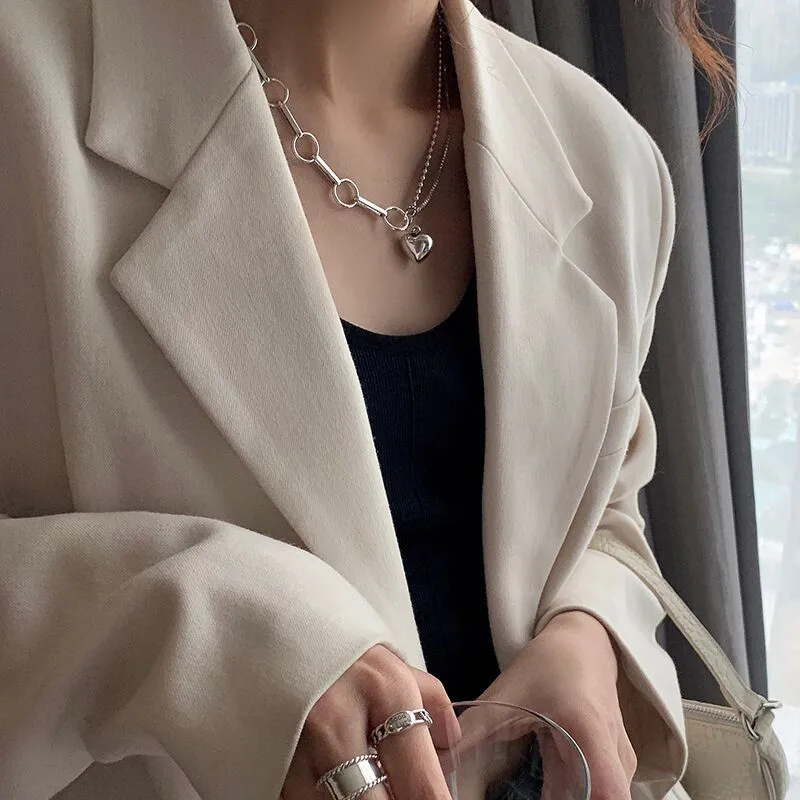 

Women Luxury Jewelry Handmade Heavy Niche Heart Pendant Necklace Female Vintage Niche 925 Sterling Silver Original Chic Chokers