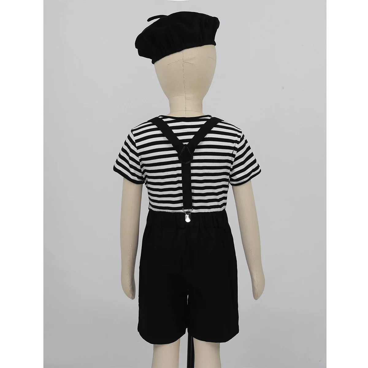 Kid Boys Girls French Mime Artist Fancy Dress Costume Unisex Striped T-Shirt Beret Gloves Suspenders Halloween Cosplay Outfit |