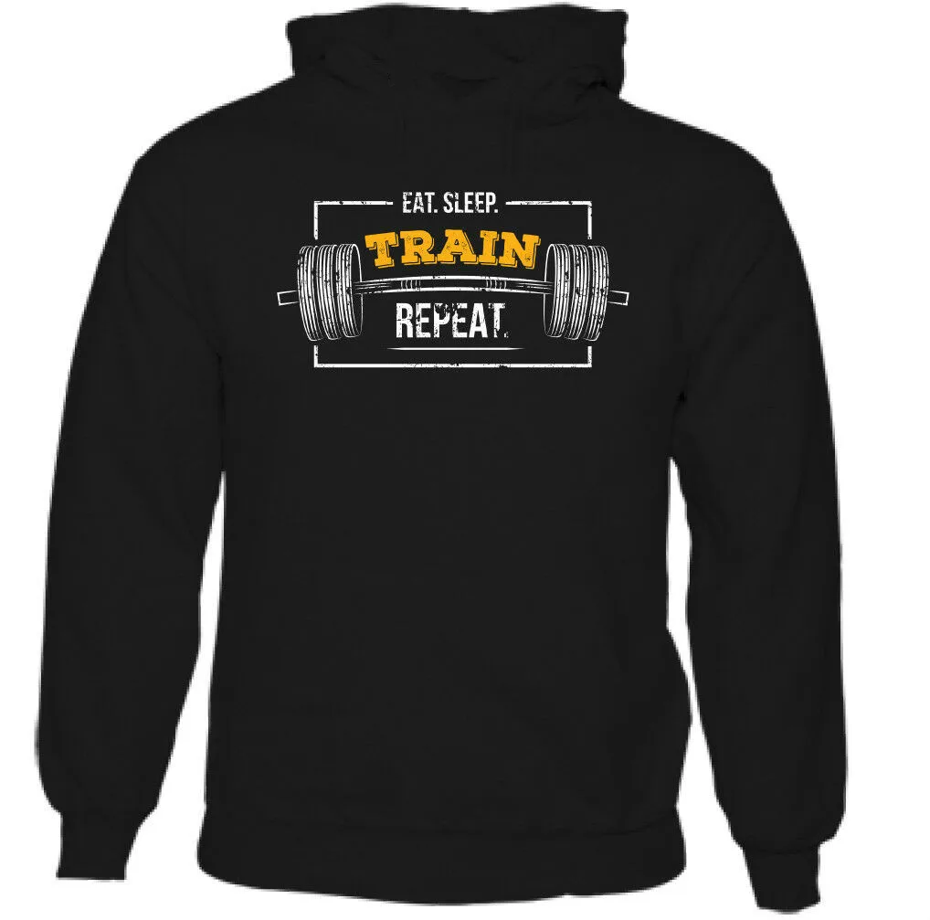 

Eat Sleep Train Repeat Mens Funny Gym Hoodie Training Top Bodybuilding MMA