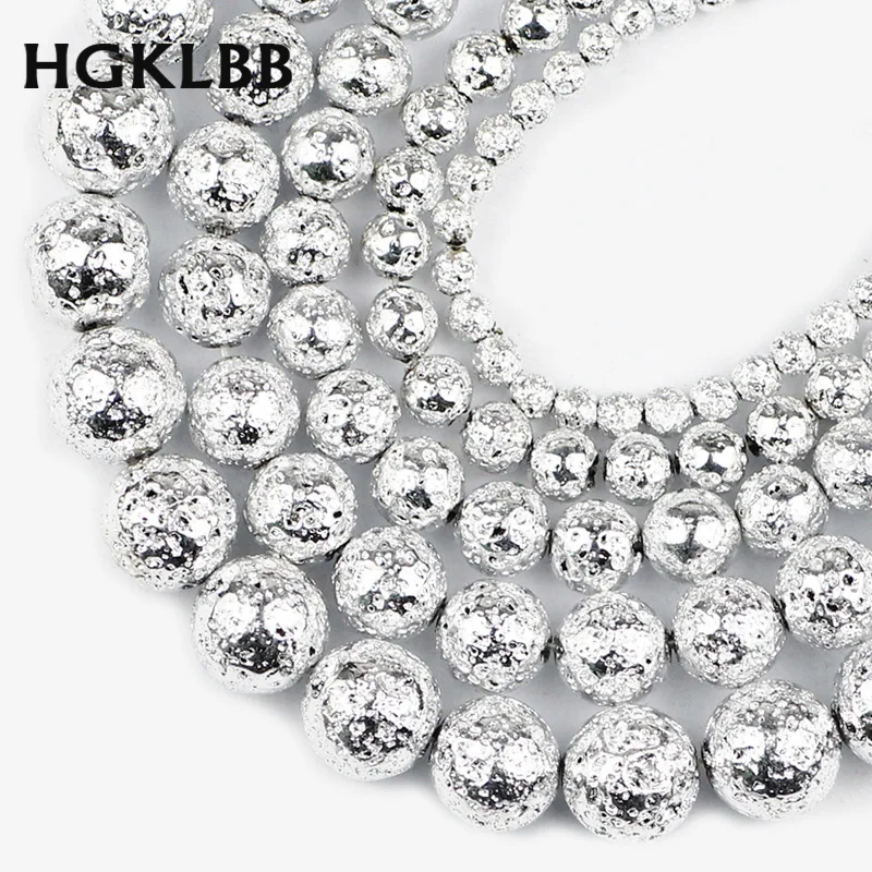 Яркие Серебристые вулканические круглые бусины HGKLBB из натурального камня