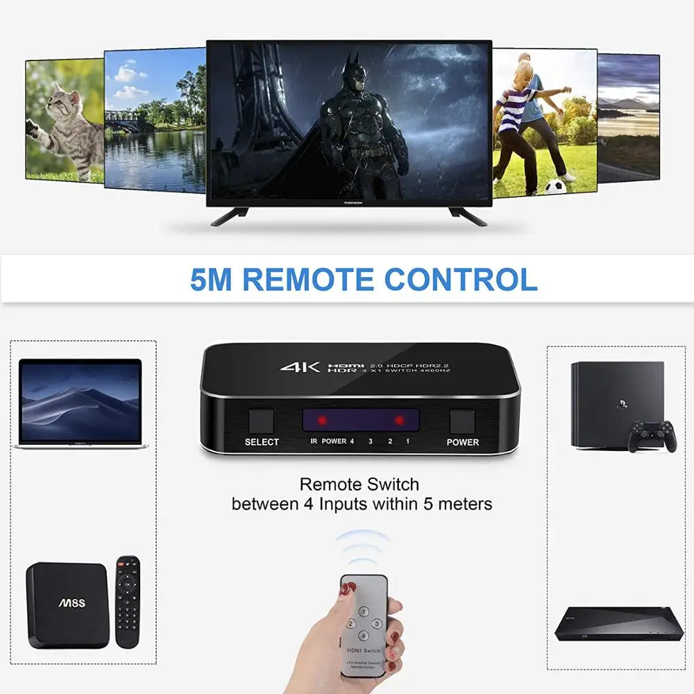 HDMI Switch 4x1 60hz 4 Port Auto Box Support HDCP 2.2 4Kx2K 3D 1080P in 1 Out Switcher Sele | Электроника