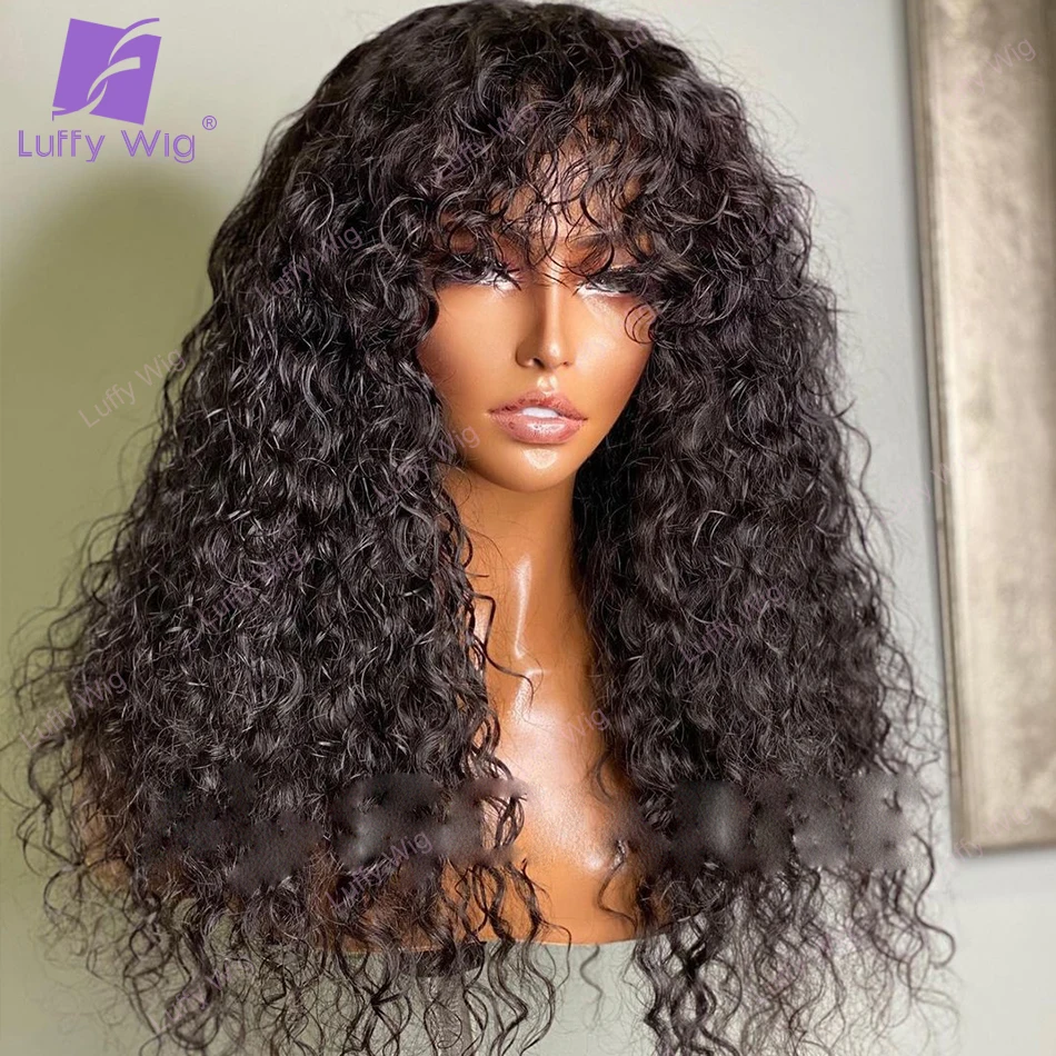 Kinky Curly Wig Human Hair With Bangs 200 Density Brazilian Remy Hair Machine O Scalp Top Wig Glueless For Black Women Luffywig enlarge