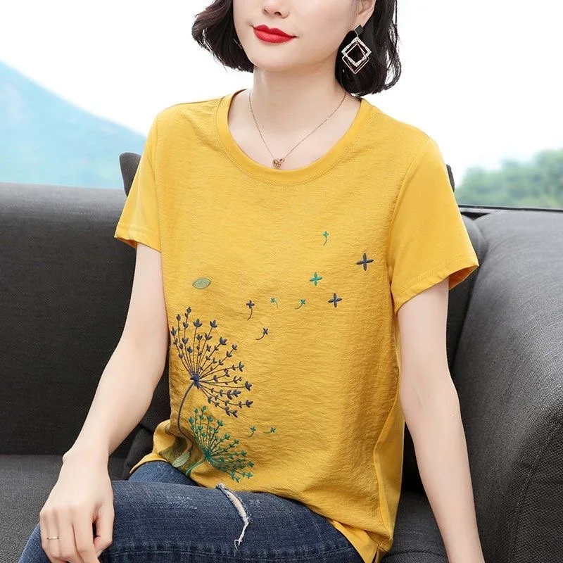 

100% хлопковая Футболка женская 2021 Новая летняя футболка с коротким рукавом с круглым вырезом Женская футболка свободного кроя в Корейском с...