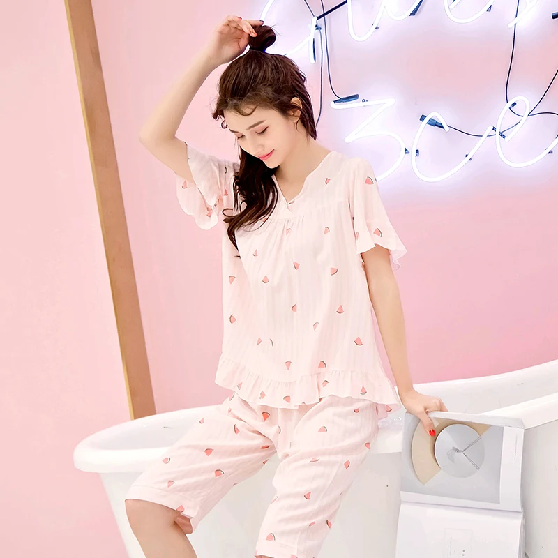 Pajamas Female Summer Pure Short Sleeved Piece Sweet Korean Style Thin Artificial Cloth Set Cotton Silk Home