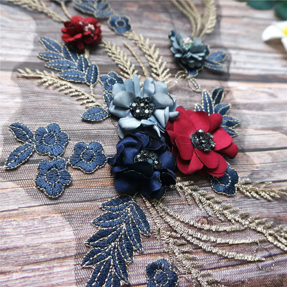 Темно синяя красная 3D Цветочная кружевная ткань со стразами вышитая Свадебная