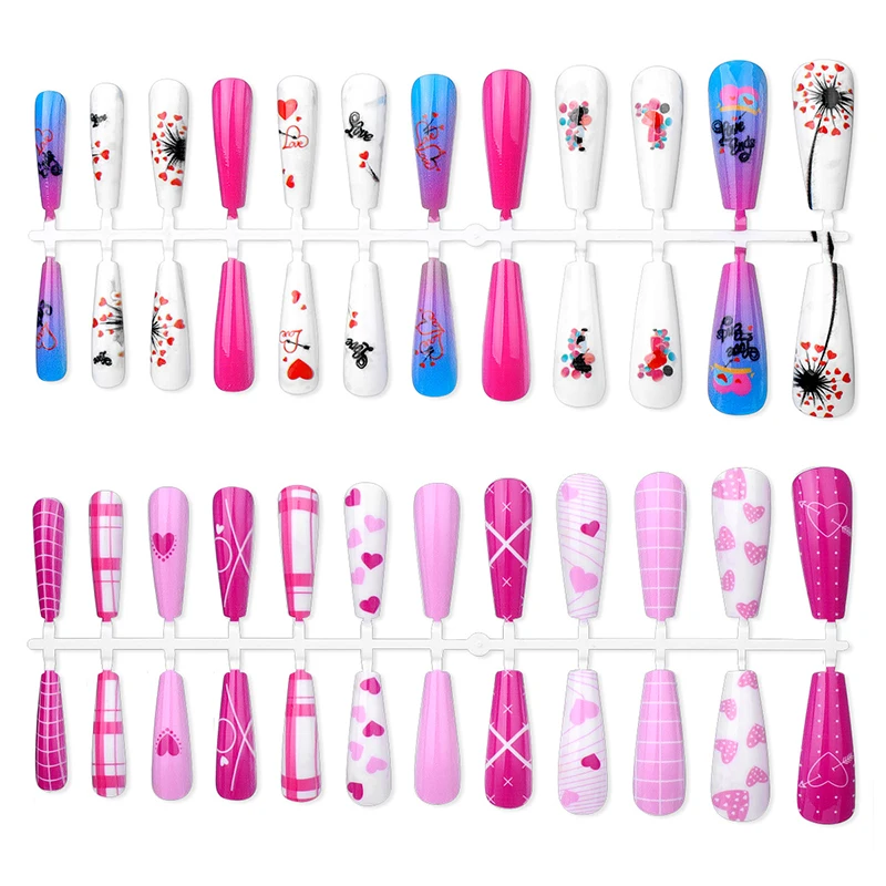 

Valentine's Day Long Ballerina Coffin Fake Nails balloon Love Heart Full Cover Press on Fake Nails Hand Practice Manicure Tips