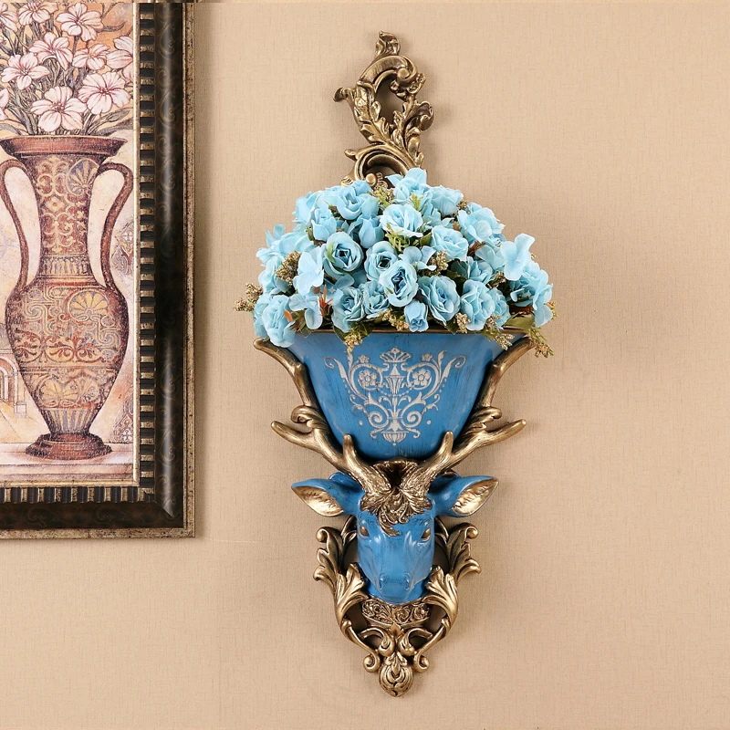 

European Resin 3D Deer Head Wall Hanging Vase Fake Flower Crafts Decoration Restaurant Home Sofa Background Wall Mural Ornaments