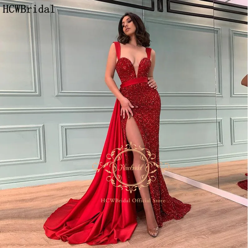 

New Design Red Shiny Mermaid Evening Dress Detachable Train Side Slit Sexy Prom Gowns Customize Women Special Occasion Dresses